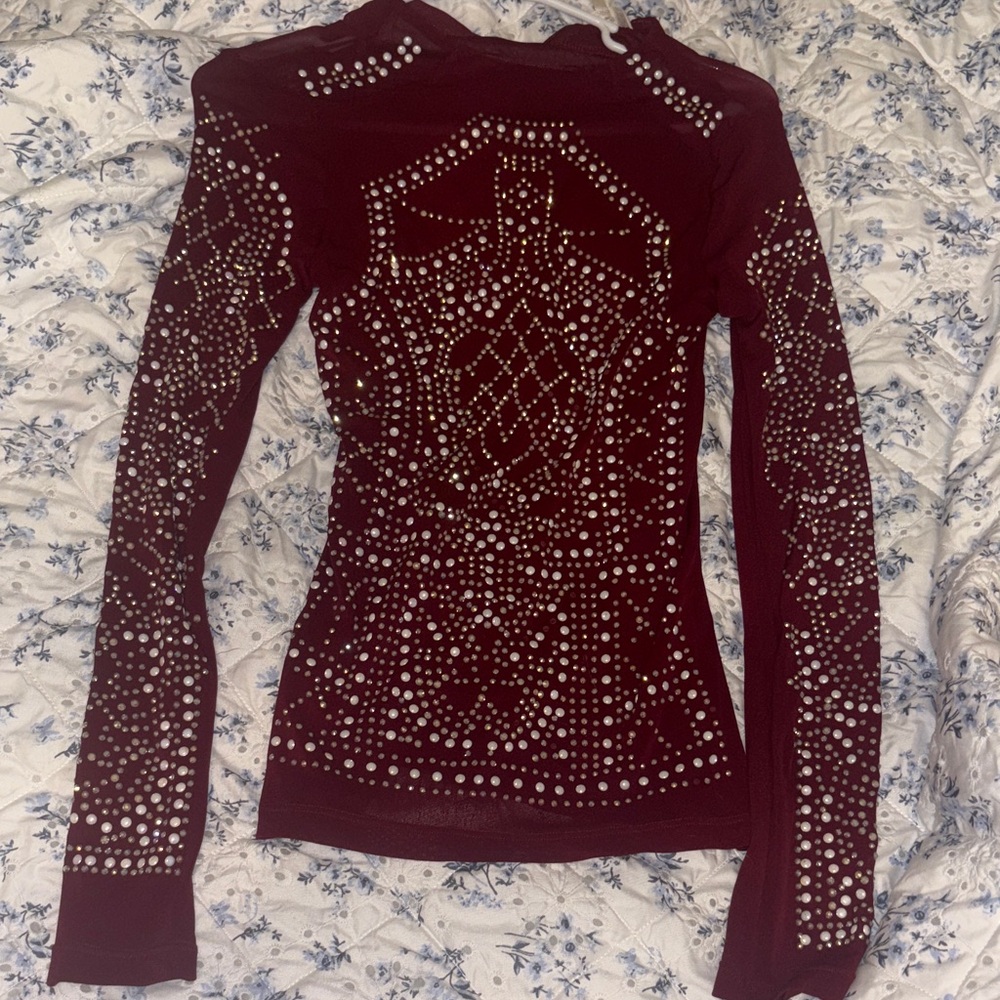 Embellished Burgundy Long Sleeve Top